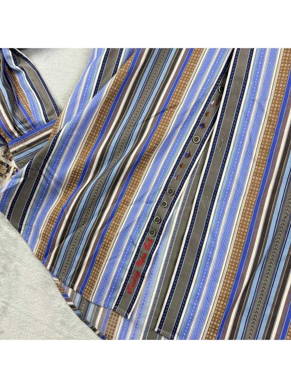 Robert Graham Striped Button Up Shirt Blue Brown Embroidered MenXL Preppy Luxury - Picture 11 of 12